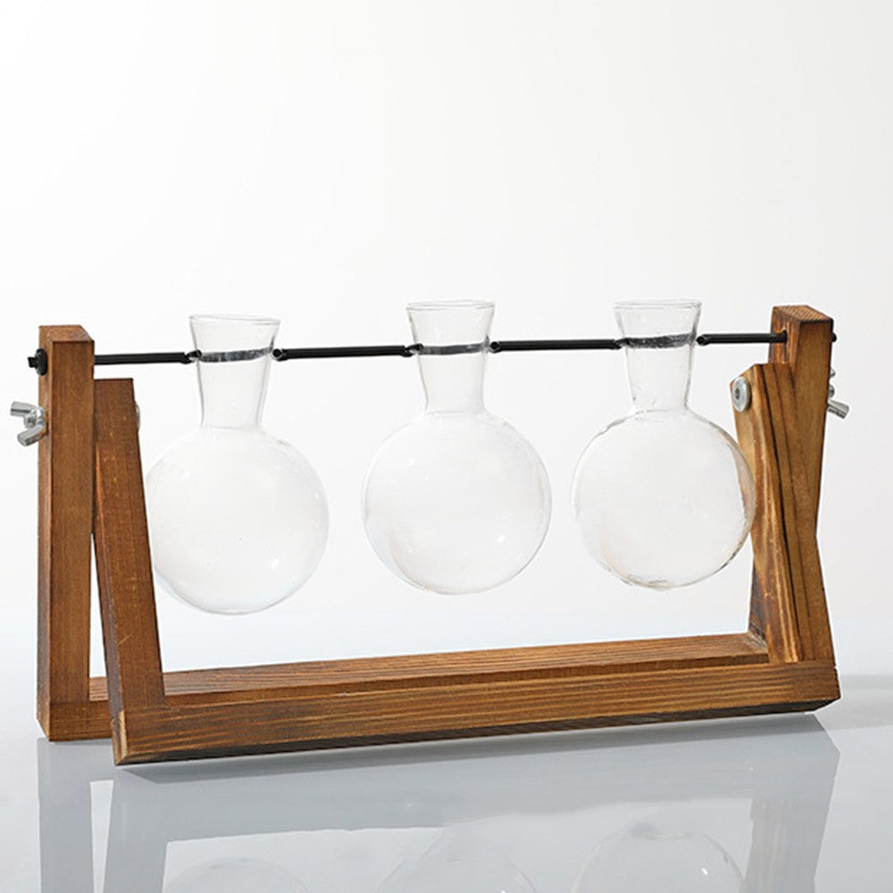 Indoor Plant Glass Pot Plant Terrarium with Wooden Stand Tabletop Glass Bulb Vase Home Garden Office Decoration Triple Pots
