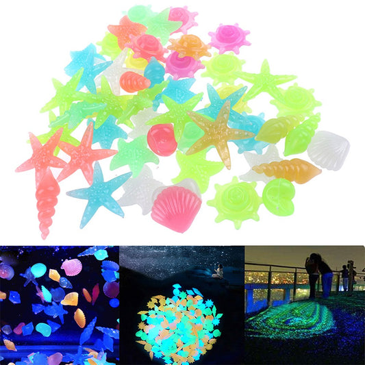 100Pcs Luminous Glowing Pebbles Stones Shell Starfish Conch Shaped Glow in the Dark Pebbles Fish Tank Decor