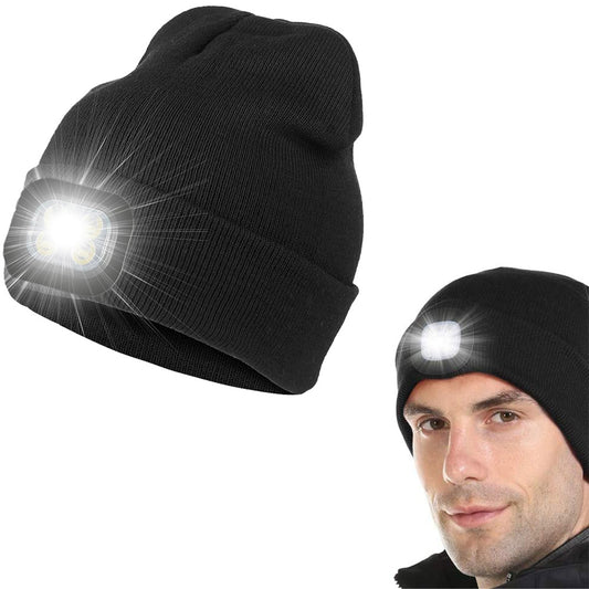 USB Rechargeable Winter Warm Knitted Beanie Hat with LED Light Camping Hat Workwear Hat Black