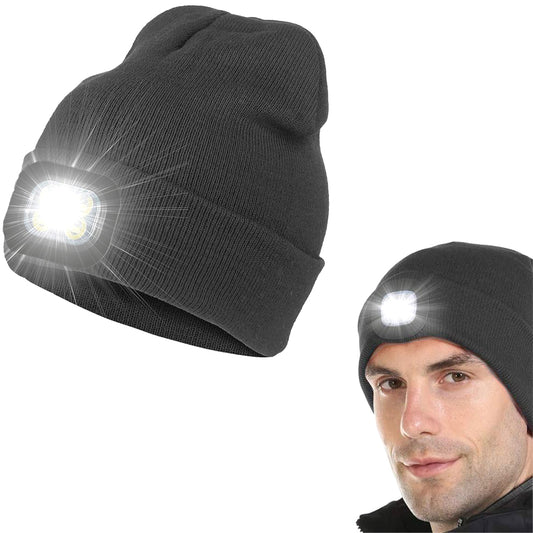 USB Rechargeable Winter Warm Knitted Beanie Hat with LED Light Camping Hat Workwear Hat Dark Grey