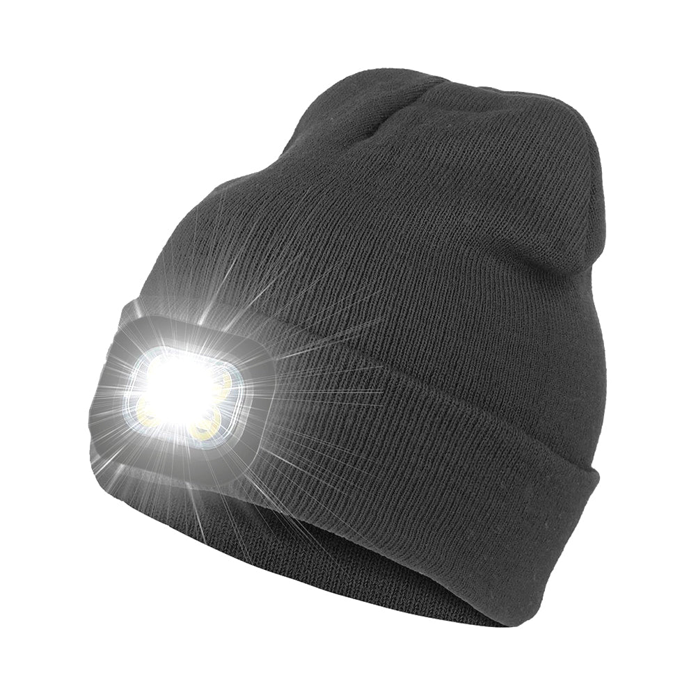 USB Rechargeable Winter Warm Knitted Beanie Hat with LED Light Camping Hat Workwear Hat Dark Grey