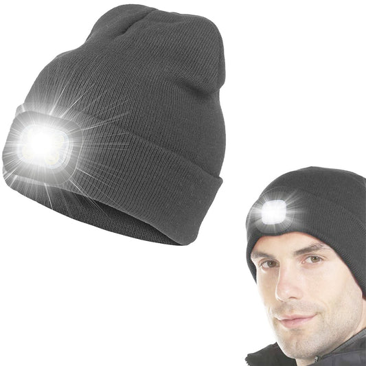 USB Rechargeable Winter Warm Knitted Beanie Hat with LED Light Camping Hat Workwear Hat Light Grey