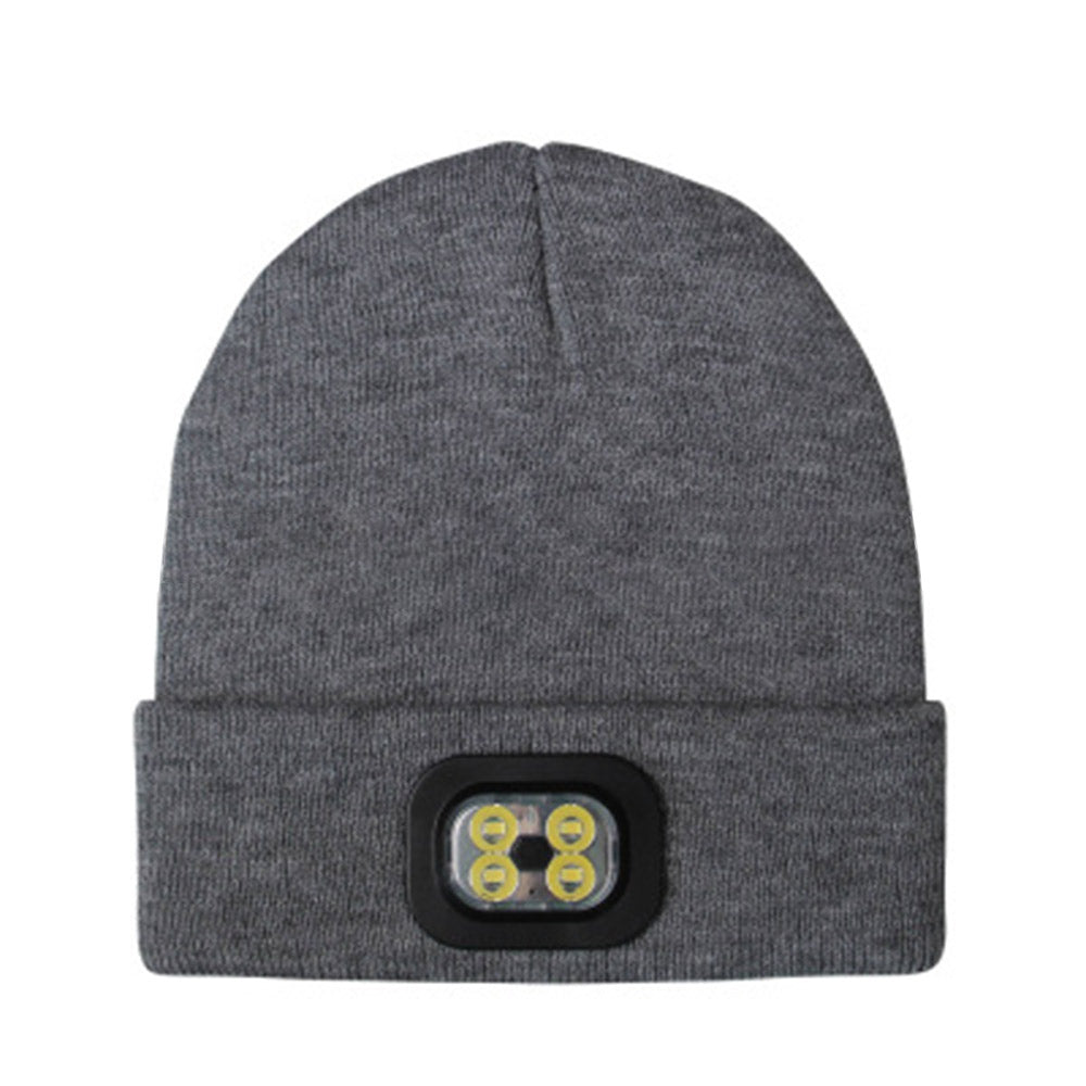 2 X USB Rechargeable Winter Warm Knitted Beanie Hat with LED Light Camping Hat Workwear Hat Light Grey Dark Grey