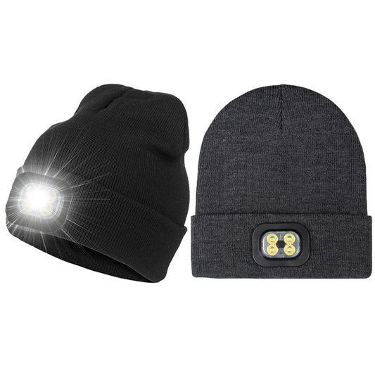 2 X USB Rechargeable Winter Warm Knitted Beanie Hat with LED Light Camping Hat Workwear Hat Black Dark Grey