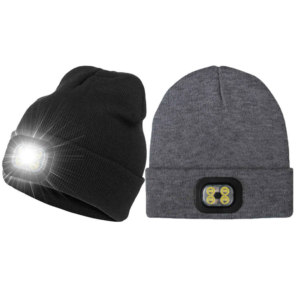 2 X USB Rechargeable Winter Warm Knitted Beanie Hat with LED Light Camping Hat Workwear Hat Black Light Grey