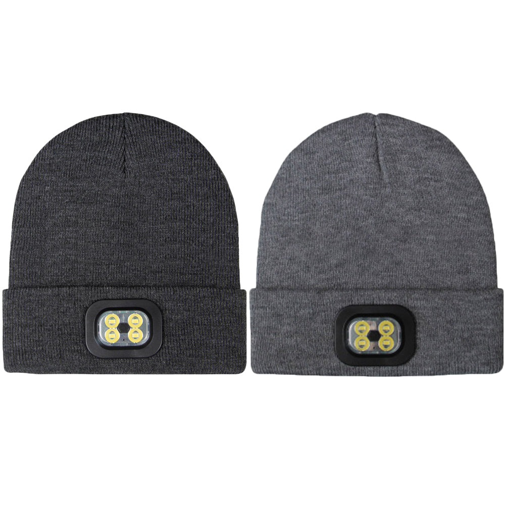 2 X USB Rechargeable Winter Warm Knitted Beanie Hat with LED Light Camping Hat Workwear Hat Light Grey Dark Grey