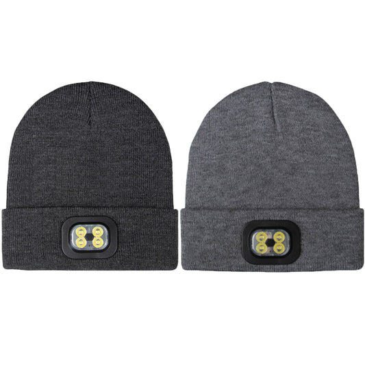 2 X USB Rechargeable Winter Warm Knitted Beanie Hat with LED Light Camping Hat Workwear Hat Light Grey Dark Grey