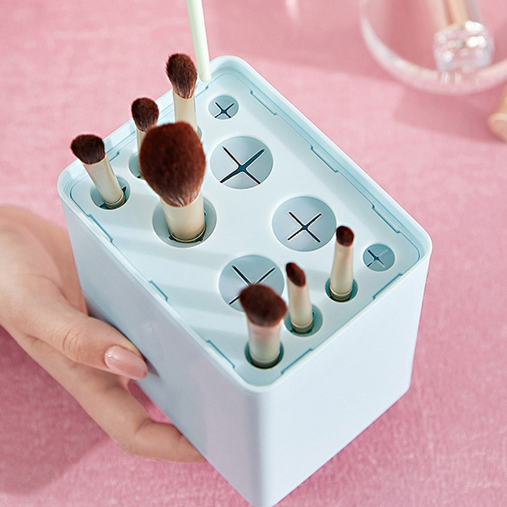 2 X Air-Drying Makeup Brushes Box Makeup Brush Holder Multifunctional Cosmetic Organizer Dustproof 12 Holes Storage Box Blue and Pink