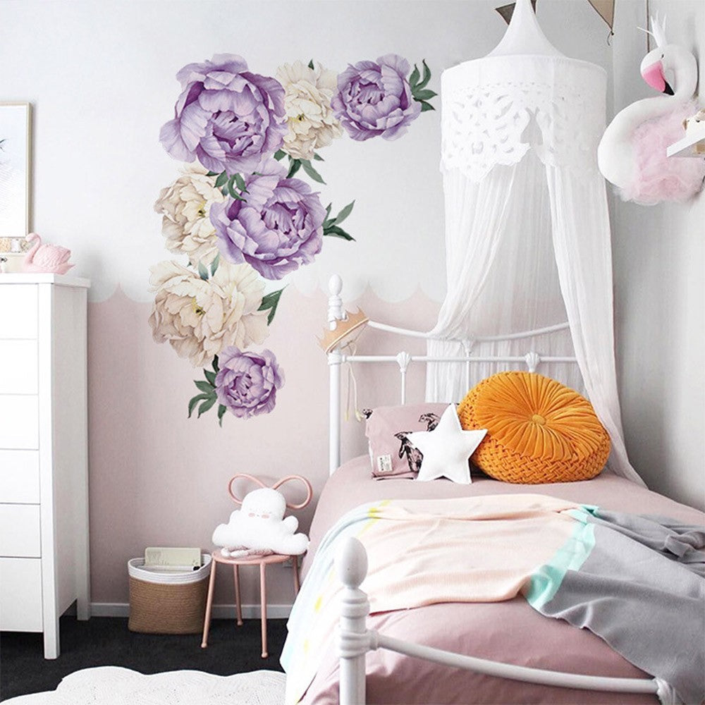 2 X Peony Flower Wall Sticker Self-adhesive Stickers Window Door Stickers Home Art Decoration Purple and Blue