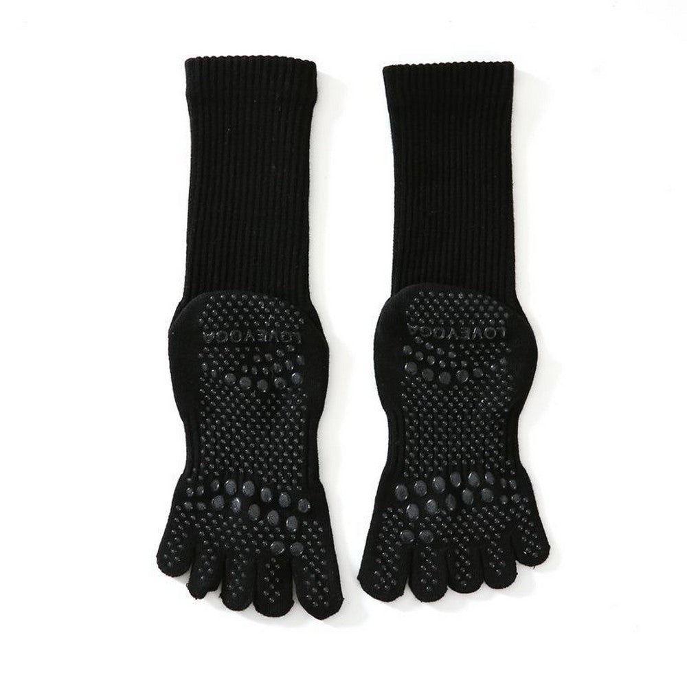 2 Pairs of Non Slip Long Yoga Socks Five Fingers Socks Anti-Skid Sports Socks Pilates Socks Soft Dance Floor Socks Black Grey