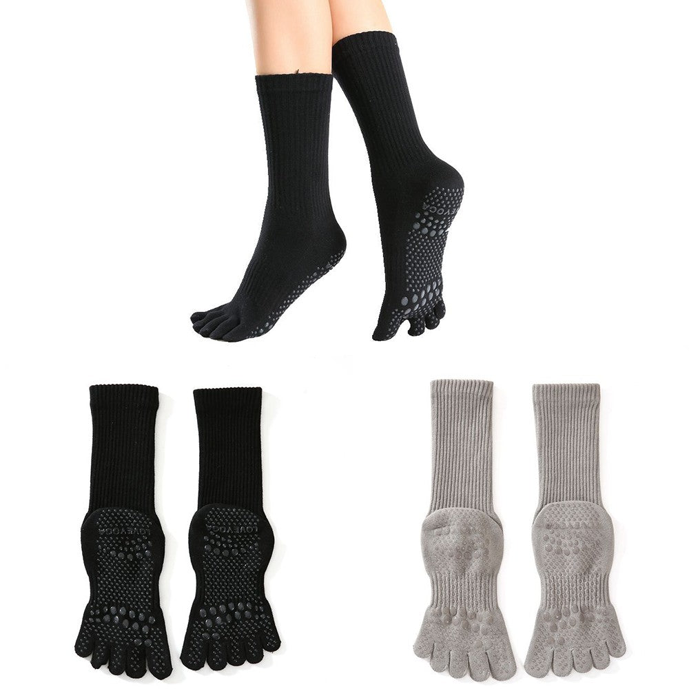 2 Pairs of Non Slip Long Yoga Socks Five Fingers Socks Anti-Skid Sports Socks Pilates Socks Soft Dance Floor Socks Black Grey