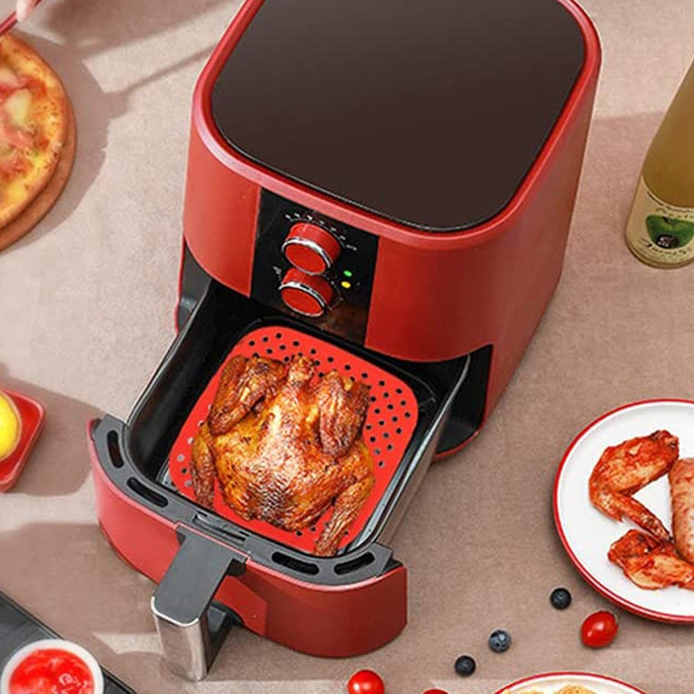 2 X Square Shaped Air Fryer Liners Reusable Baking Pads Air Fryer Mats Steaming Basket Mats Non-Stick Liners for Air Fryers Red Large