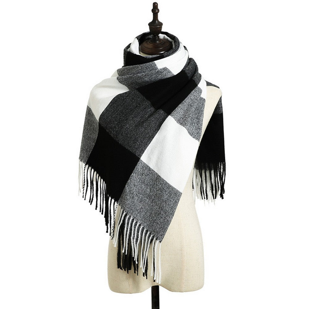 Women Winter Warm Lattice Scarf Tassel Scarf Soft Shawl Multi-purpose Large Scarf Neck Warmer Black