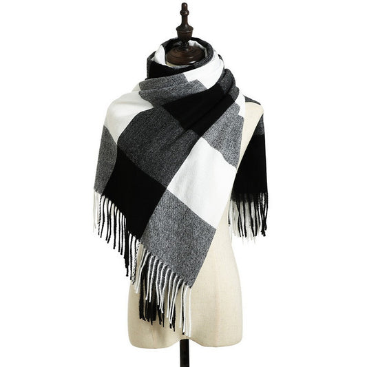 Women Winter Warm Lattice Scarf Tassel Scarf Soft Shawl Multi-purpose Large Scarf Neck Warmer Black