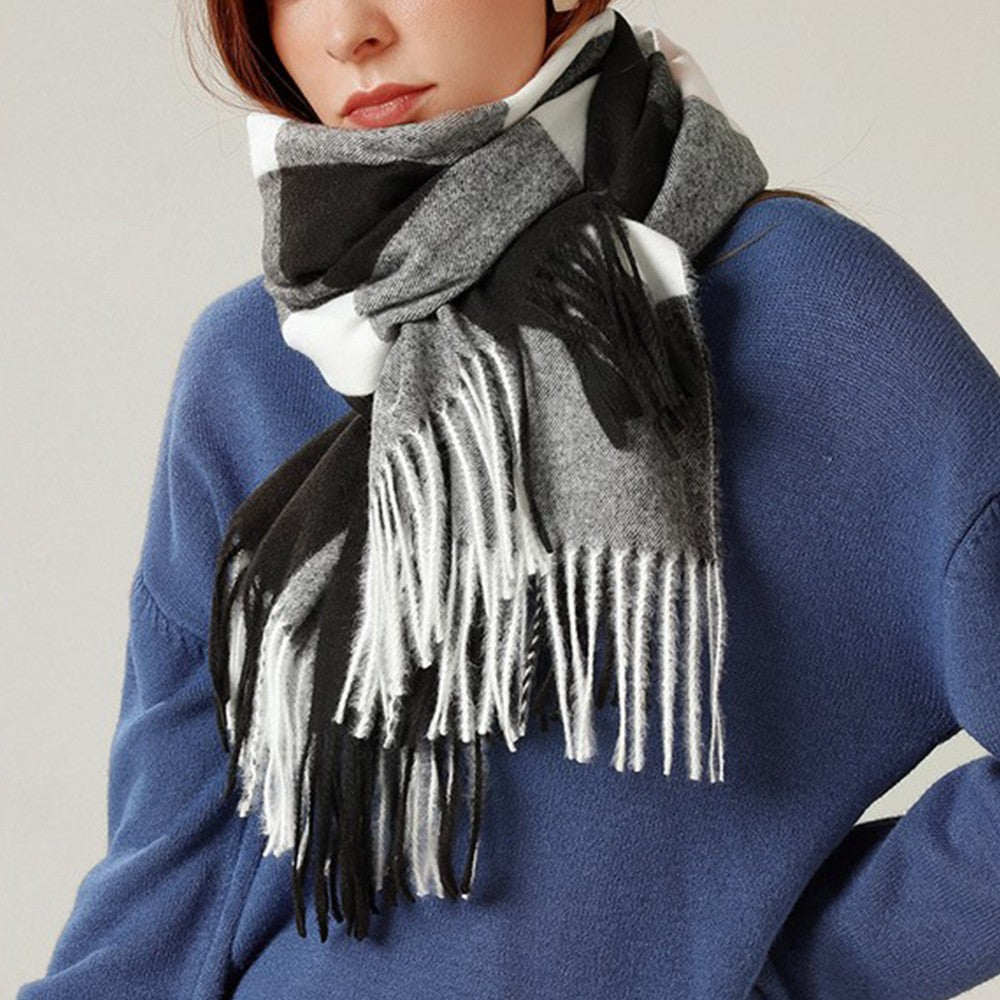 Women Winter Warm Lattice Scarf Tassel Scarf Soft Shawl Multi-purpose Large Scarf Neck Warmer Black