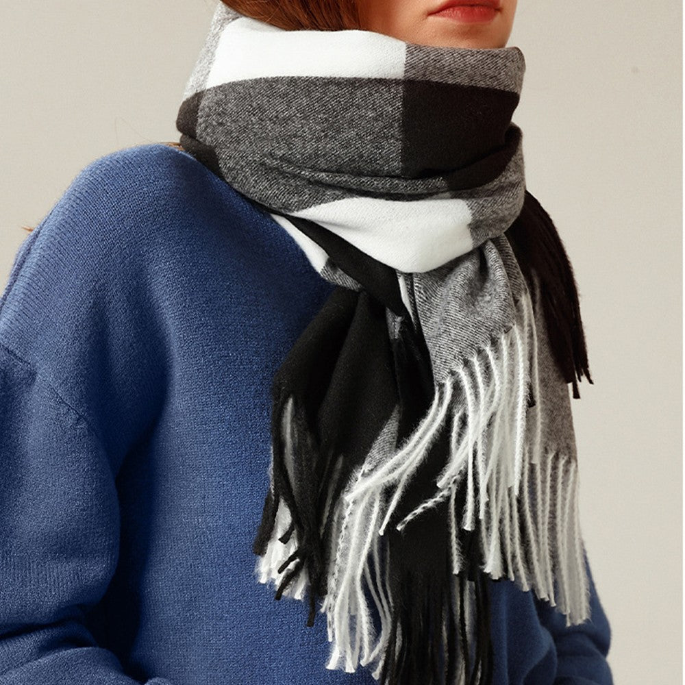 Women Winter Warm Lattice Scarf Tassel Scarf Soft Shawl Multi-purpose Large Scarf Neck Warmer Black