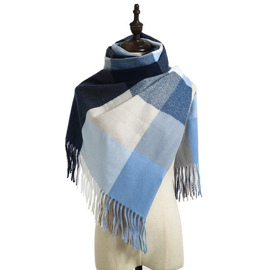 Women Winter Warm Lattice Scarf Tassel Scarf Soft Shawl Multi-purpose Large Scarf Neck Warmer Blue