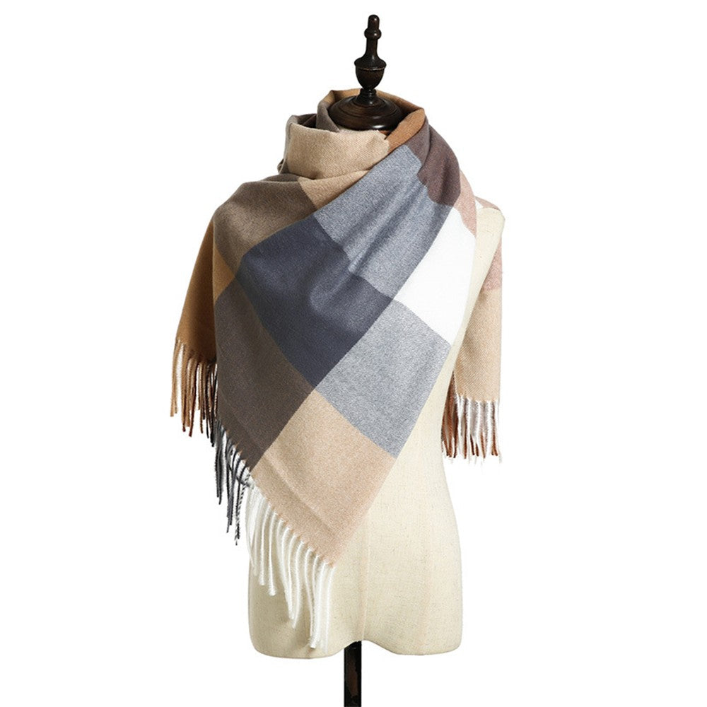 Women Winter Warm Lattice Scarf Tassel Scarf Soft Shawl Multi-purpose Large Scarf Neck Warmer Camel