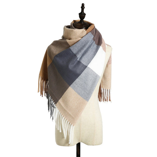 Women Winter Warm Lattice Scarf Tassel Scarf Soft Shawl Multi-purpose Large Scarf Neck Warmer Camel