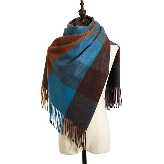 Women Winter Warm Lattice Scarf Tassel Scarf Soft Shawl Multi-purpose Large Scarf Neck Warmer Dark Blue