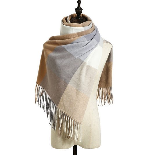 Women Winter Warm Lattice Scarf Tassel Scarf Soft Shawl Multi-purpose Large Scarf Neck Warmer Khaki
