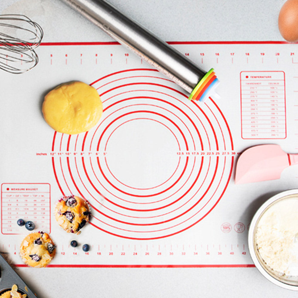 Set of 17 inch Adjustable Stainless Steel Rolling Pin Non-Stick Silicone Baking Mats with Measurements