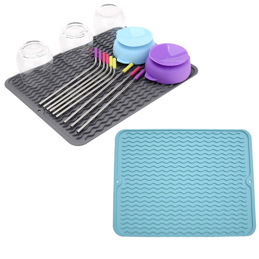 2 X Grey Blue Kitchen Silicone Dish Drying Mat Heat Resistant Placemat Pad