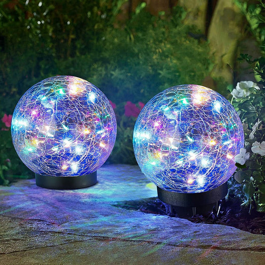 2 X Mluticolour Cracked Glass Solar Powered Globe Ground Lights Garden Decoration Lights