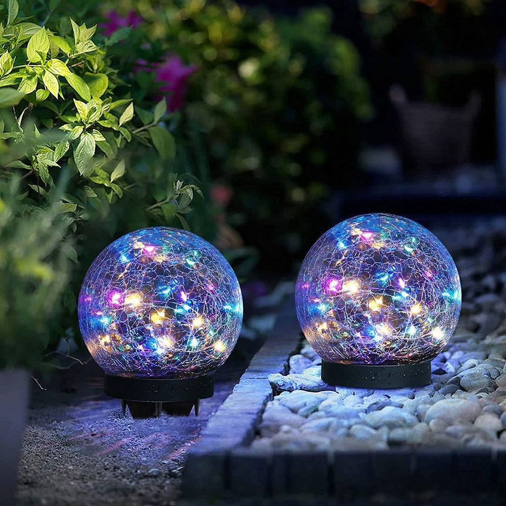 2 X Mluticolour Cracked Glass Solar Powered Globe Ground Lights Garden Decoration Lights