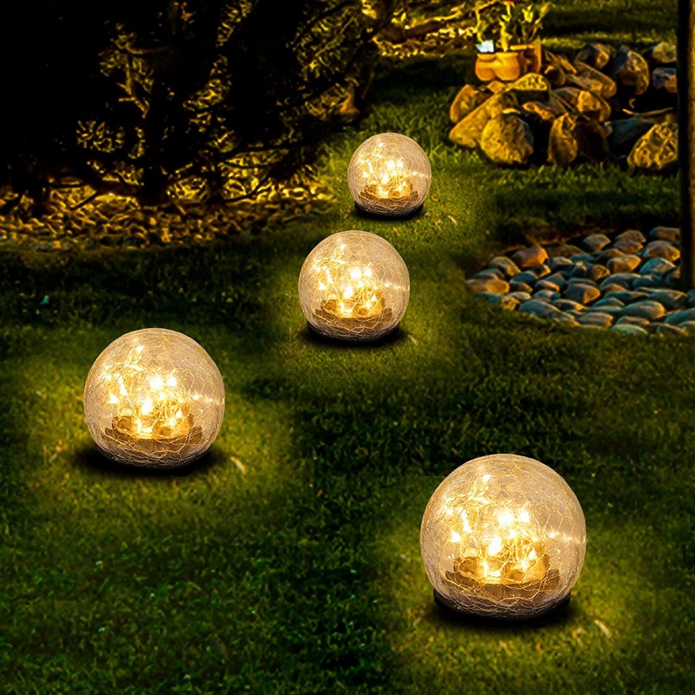 4 X Warm White Cracked Glass Solar Powered Globe Ground Lights Garden Decoration Lights