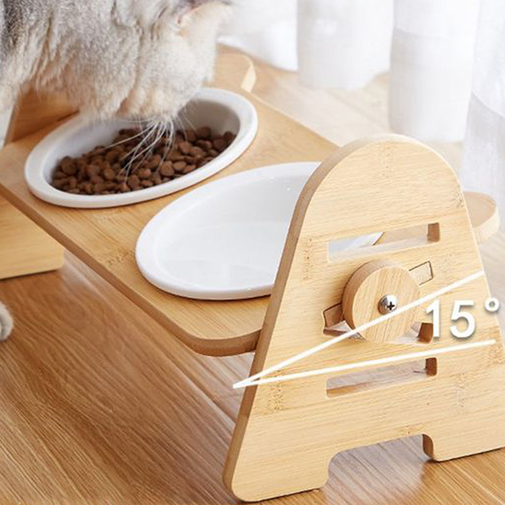 Double Bowl Adjustable Elevated Pet Food Bowl 15 Degree Tilted Dog Cat Feeder
