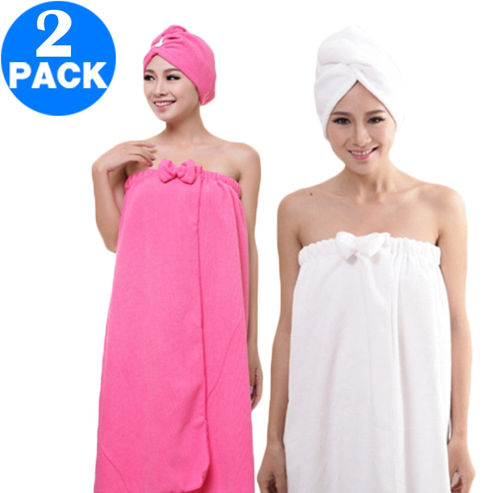Women Bath Wrap for Shower with Hair Wrap Warm Loungewear Spa Wrap White and Rose Red