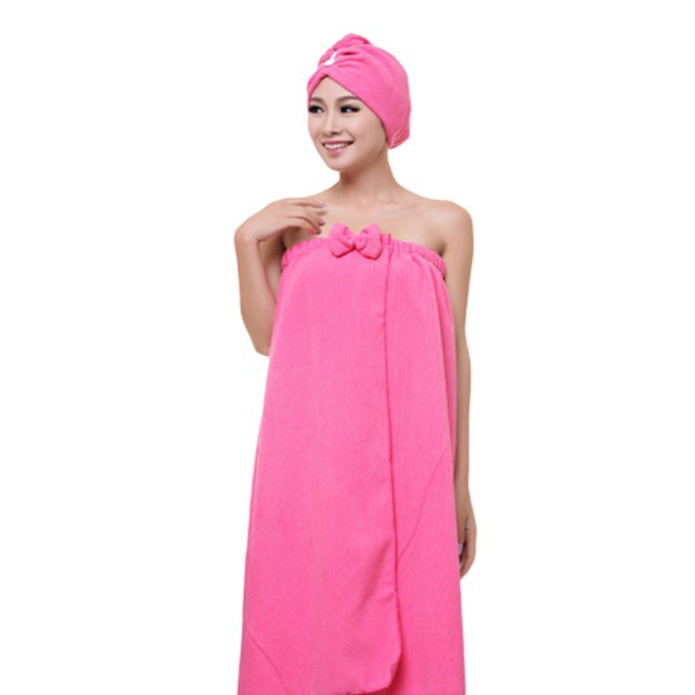 Women Bath Wrap for Shower with Hair Wrap Warm Loungewear Spa Wrap White and Rose Red