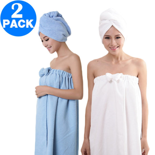 Women Bath Wrap for Shower with Hair Wrap Warm Loungewear Spa Wrap White and Blue