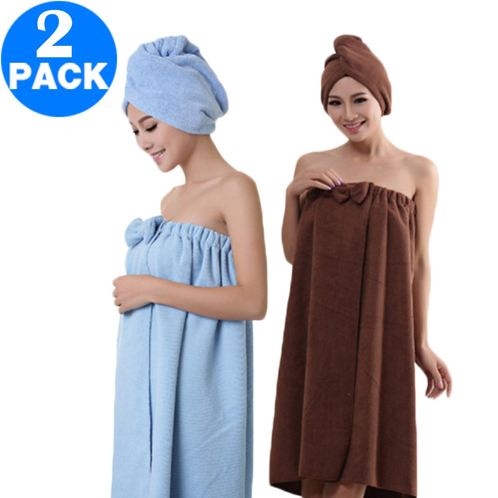 Women Bath Wrap for Shower with Hair Wrap Warm Loungewear Spa Wrap Blue and Coffee
