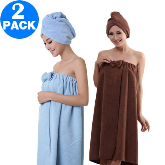 Women Bath Wrap for Shower with Hair Wrap Warm Loungewear Spa Wrap Blue and Coffee