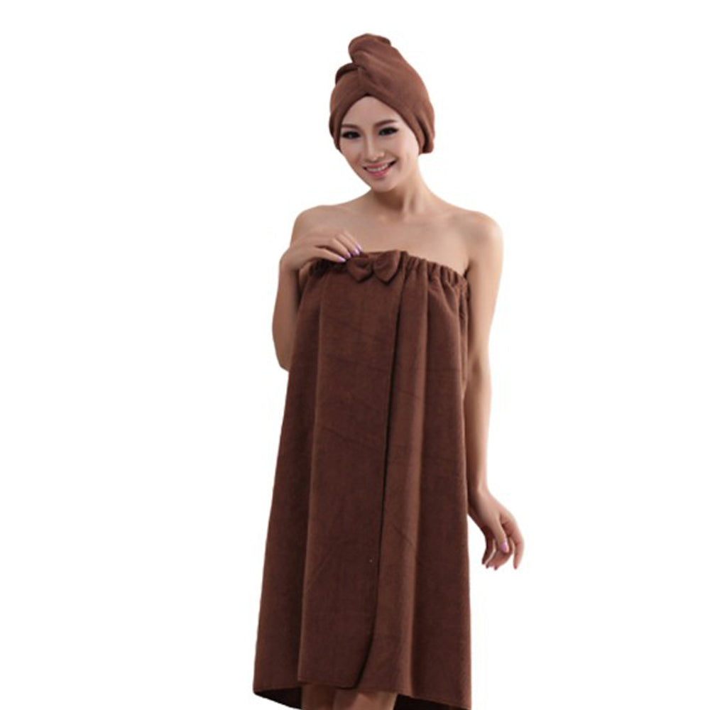 Women Bath Wrap for Shower with Hair Wrap Warm Loungewear Spa Wrap Blue and Coffee