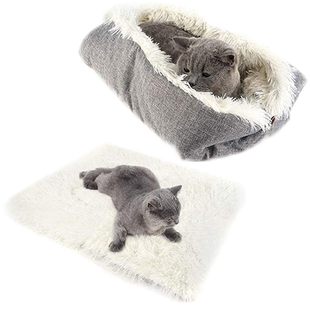 2 X Grey and White 2 In 1 Long Plush Pet Bed Winter Warm Pet Mat for Dog Cat