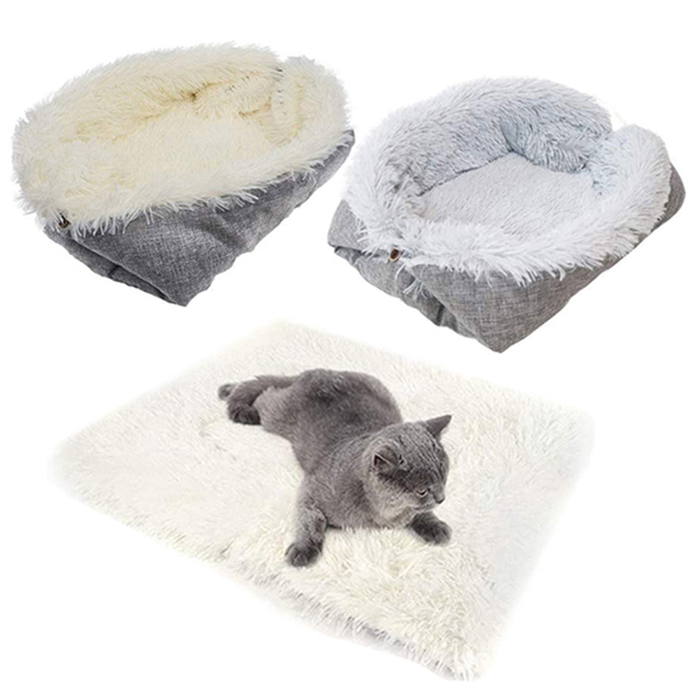 2 X Grey and White 2 In 1 Long Plush Pet Bed Winter Warm Pet Mat for Dog Cat