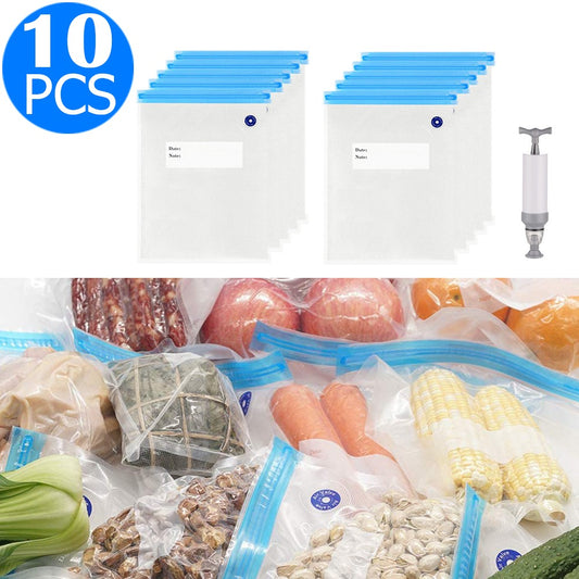 10PCS 16x20CM Reusable Food Vacuum Sealer Bag with One Manual Pump