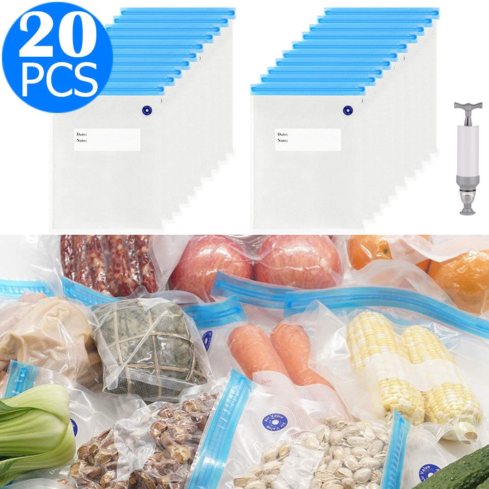 20PCS 22x28CM Reusable Food Vacuum Sealer Bag with One Manual Pump