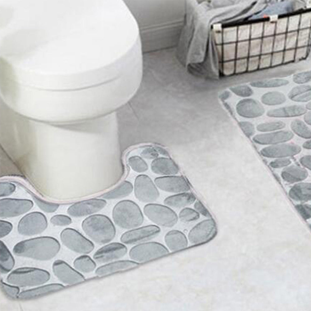 2 Pieces Pebbles Design Bath Mat Set Bathroom Rug Carpet Kit Grey