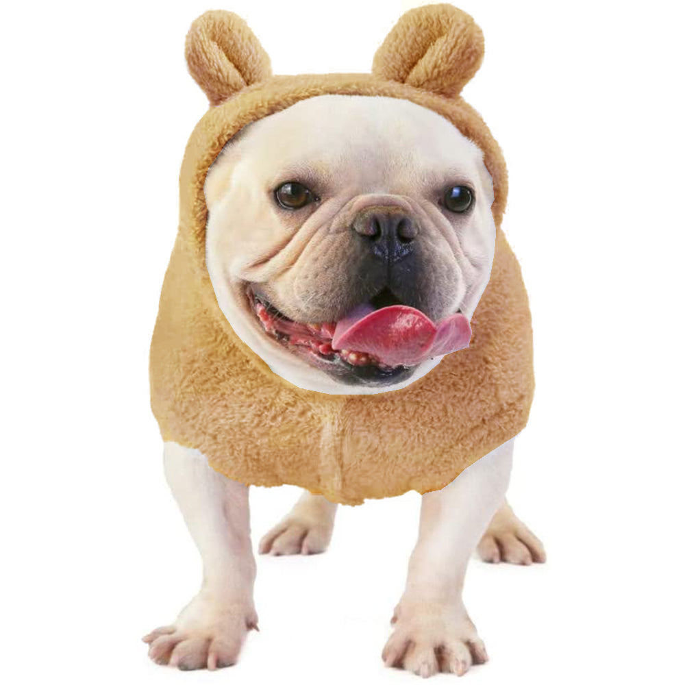 M Khaki Pet Plush Hoodie Clothes Winter Warm Cute Ear Design Jumpsuit for Dog Cat