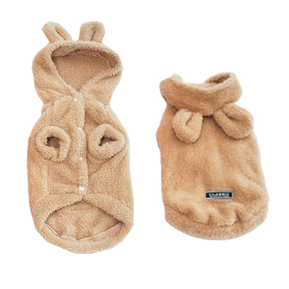 M Khaki Pet Plush Hoodie Clothes Winter Warm Cute Ear Design Jumpsuit for Dog Cat