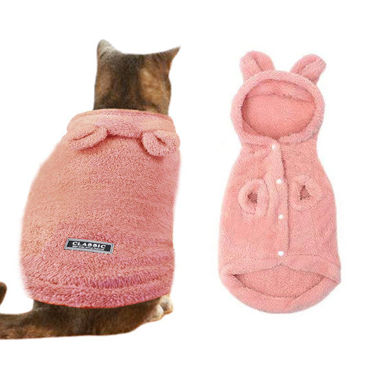 L Pink Pet Plush Hoodie Clothes Winter Warm Cute Ear Design Jumpsuit for Dog Cat