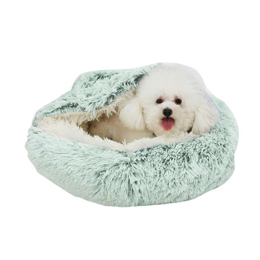 Small Pet Dog Cat Calming Bed Plush Cushioned Hooded Pet Bed Warm Soft Plush Round Nest Sleeping Kennel Cave Green