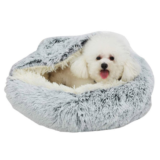 Small Pet Dog Cat Calming Bed Plush Cushioned Hooded Pet Bed Warm Soft Plush Round Nest Sleeping Kennel Cave Grey