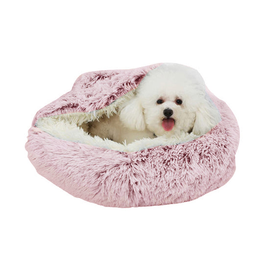 Medium Pet Dog Cat Calming Bed Plush Cushioned Hooded Pet Bed Warm Soft Plush Round Nest Sleeping Kennel Cave Pink