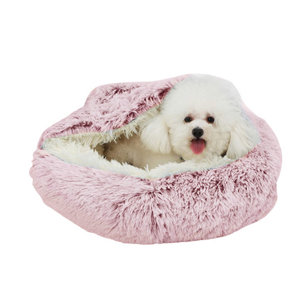 Small Pet Dog Cat Calming Bed Plush Cushioned Hooded Pet Bed Warm Soft Plush Round Nest Sleeping Kennel Cave Pink