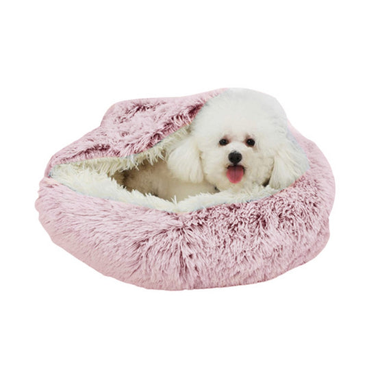 Small Pet Dog Cat Calming Bed Plush Cushioned Hooded Pet Bed Warm Soft Plush Round Nest Sleeping Kennel Cave Pink